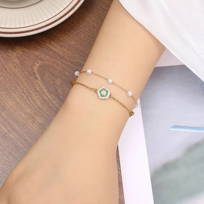 Baroque Style Minimalist Geometric Stainless Steel Artificial Pearl Handmade Inlay Zircon Bracelets