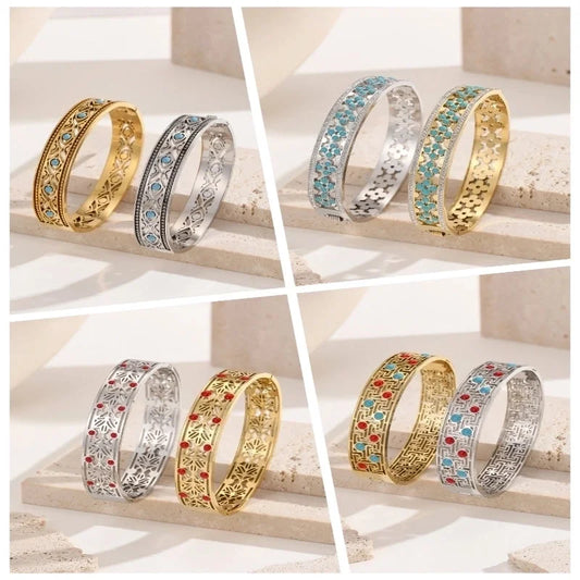 Handmade Minimalist Paisley Geometric Titanium Steel 18K Gold Plated Turquoise Bangle In Bulk