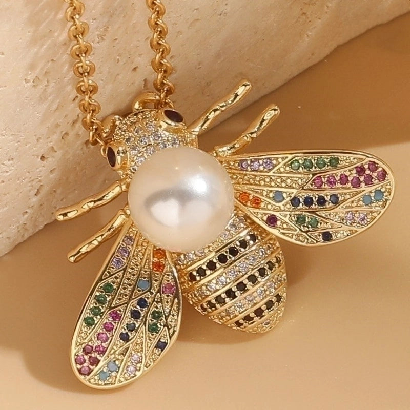 304 Stainless Steel Copper Lady Irregular Plating Inlay Insect Artificial Pearls Zircon Pendant Necklace