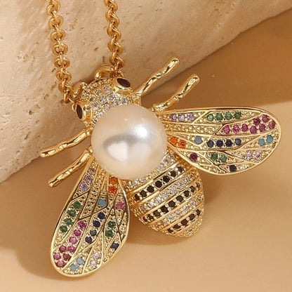 304 Stainless Steel Copper Lady Irregular Plating Inlay Insect Artificial Pearls Zircon Pendant Necklace