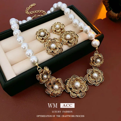 Women Luxurious Flower Plant Artificial Pearl Electroplating Jewelry Sets