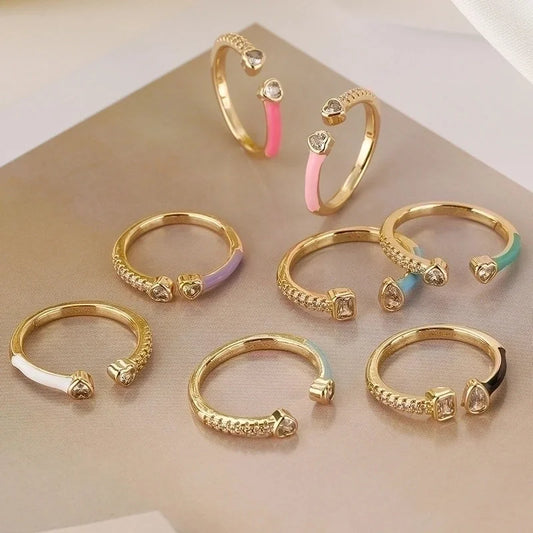 Minimalist Square Water Droplets Heart Shape Copper Enamel Plating Inlay Zircon 18k Gold Plated Open Ring