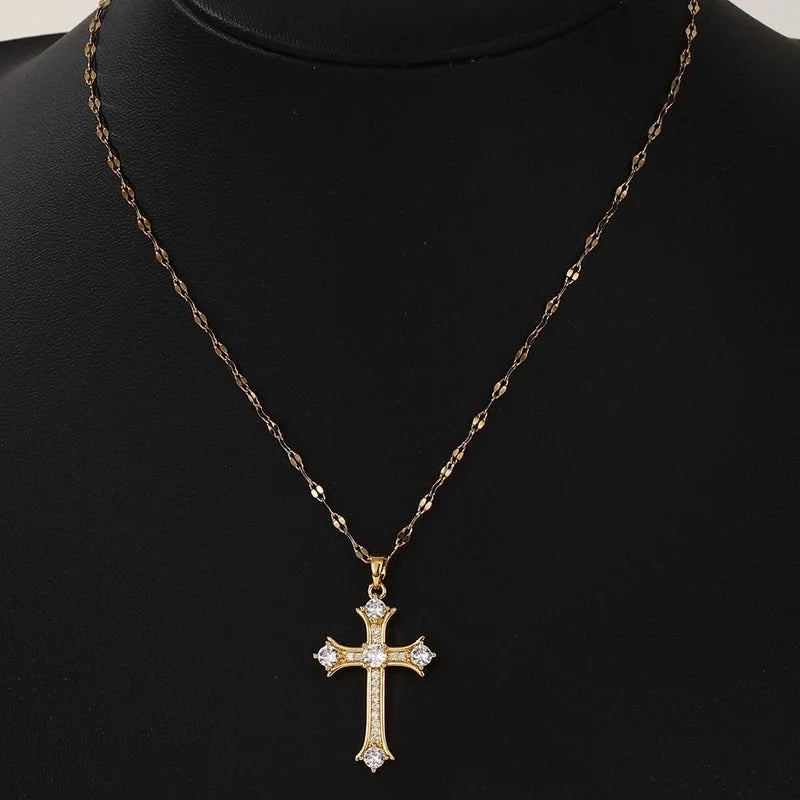 Copper Inlay Cross Rhinestones Pendant Necklace