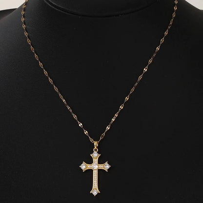 Copper Inlay Cross Rhinestones Pendant Necklace