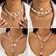 Marine Style Starfish Shell Imitation Pearl Alloy Copper Pendant Necklace