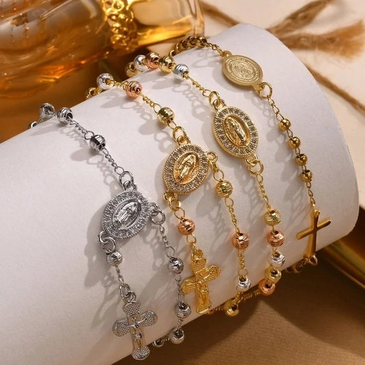 Vintage Style Religion Cross Virgin Mary Copper Zircon 18K Gold Plated Inlay Bracelets