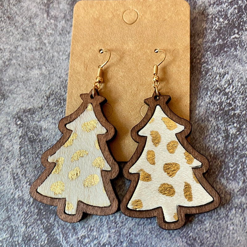 1 Pair Retro Christmas Tree Leopard Wood Drop Earrings