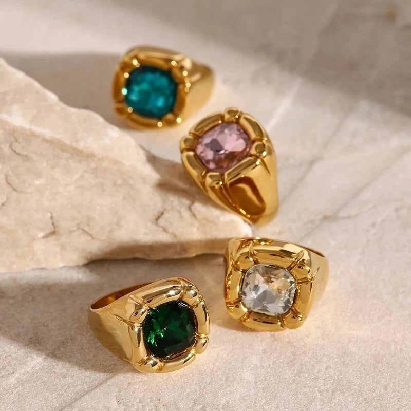 Formal Classic Style Artistic Geometric 304 Stainless Steel Glass Inlay Rings