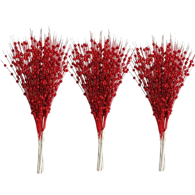 Christmas Decorations 43cm 12 Fork Gold Powder Ball Christmas Tree Garland Rattan Sequins Simulation Berry Branches Bundle