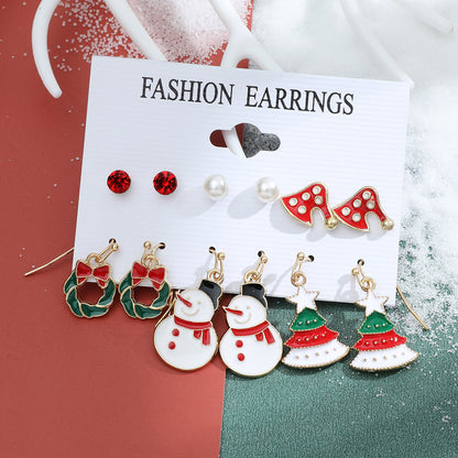 New Christmas Snowman Cane Earrings Set Cartoon Dripping Elk Wreath Earrings