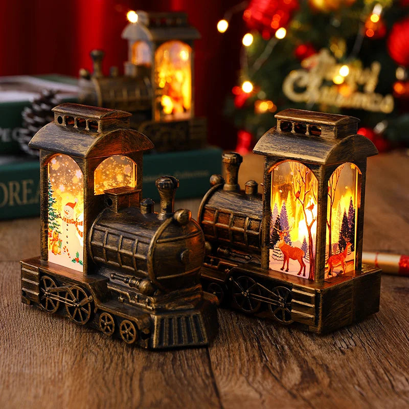 2 Pieces Christmas Decoration Glowing Santa Claus Driving Train Night Light Wind Lantern Christmas Gift Ornament