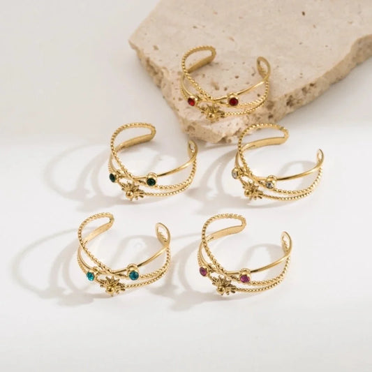 Vintage Style Minimalist Classic Style Sun 304 Stainless Steel Rhinestones 18K Gold Plated Inlay Open Rings