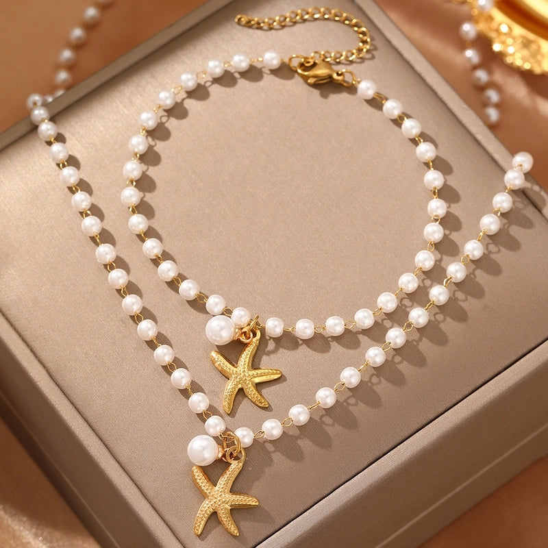 Sweet Starfish 304 Stainless Steel Imitation Pearl Plating Stainless Steel Jewelry Sets