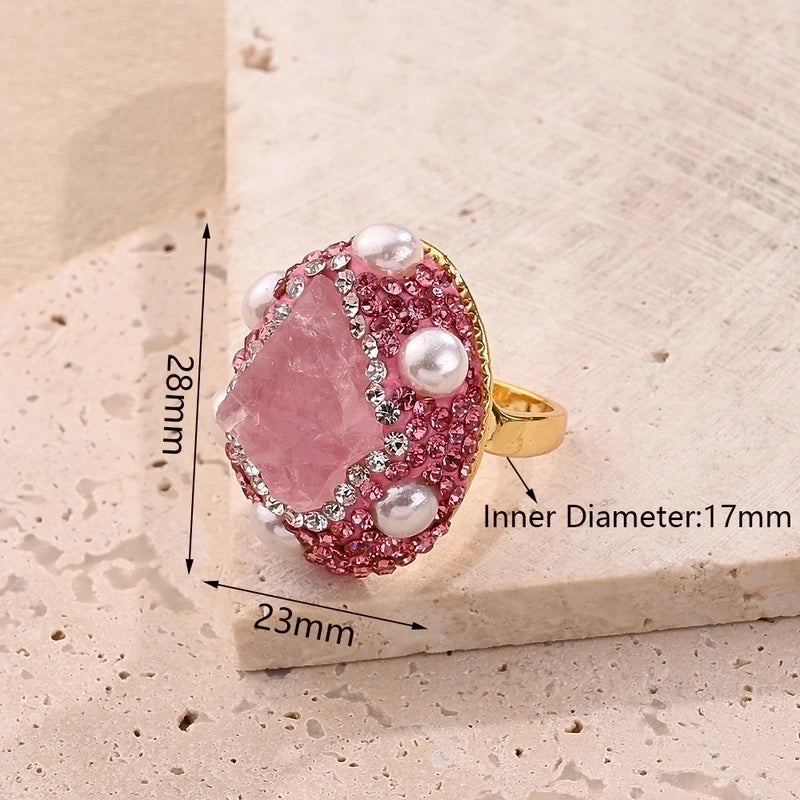 Casual Glam Vacation Irregular Round Oval Amethyst Copper Lapis Lazuli 18K Gold Plated Imitation Pearl Rhinestones Clay Adjustable Ring In Bulk
