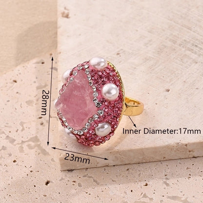 Casual Glam Vacation Irregular Round Oval Amethyst Copper Lapis Lazuli 18K Gold Plated Imitation Pearl Rhinestones Clay Adjustable Ring In Bulk
