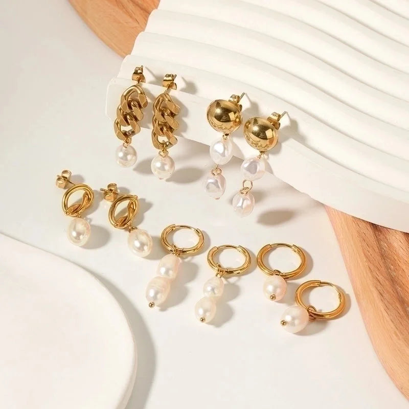 1 Pair Minimalist Round Patchwork 304 Stainless Steel Artificial Pearls Freshwater Pearl 18K Gold Plated Drop Earrings