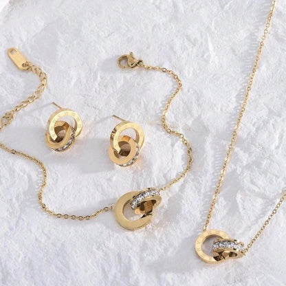 2 Pieces Vintage Style Minimalist Roman Style Roman Numeral 304 Stainless Steel Artificial Rhinestones 18K Gold Plated Jewelry Set