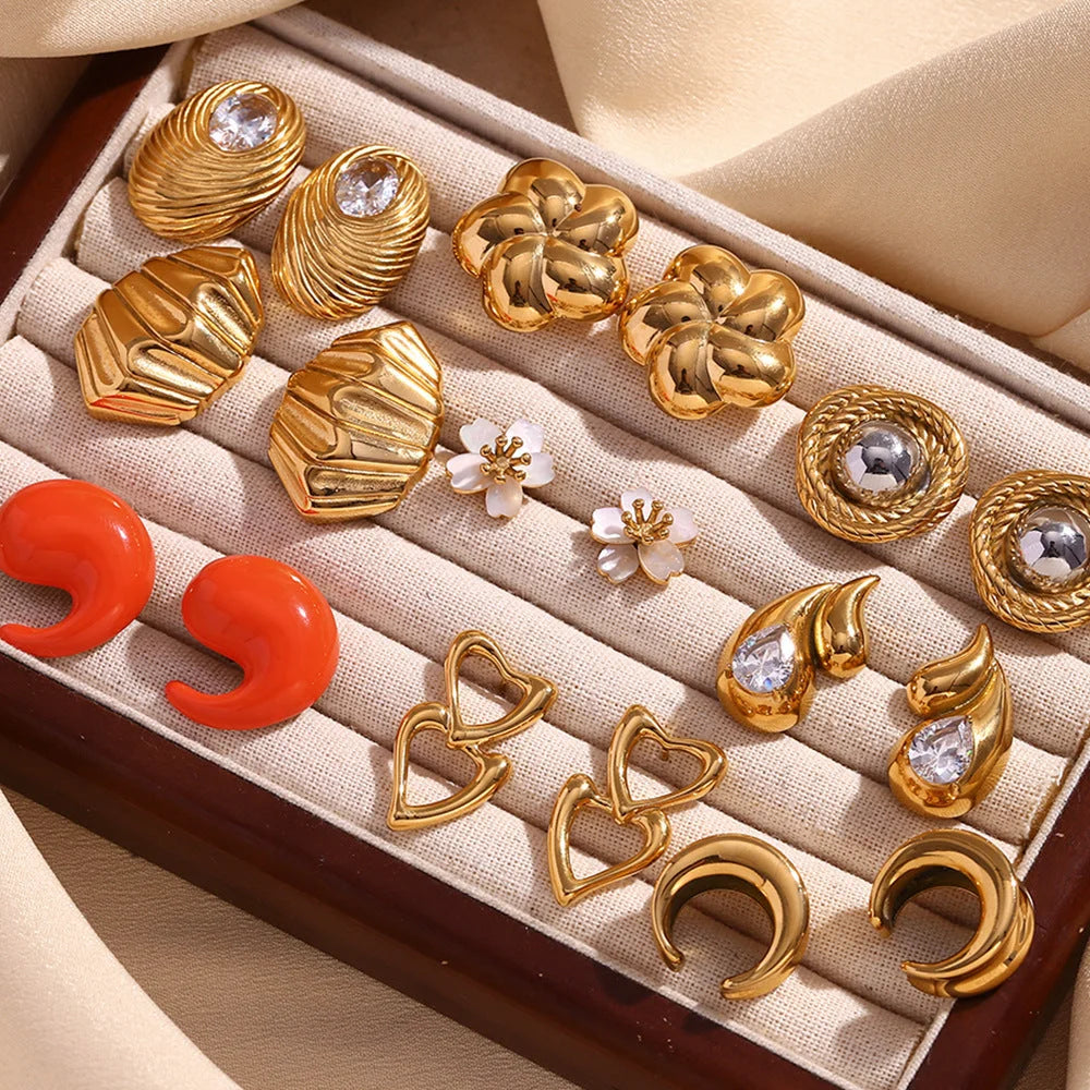 Fashion Petal Geometric Flower Stainless Steel 18K Gold Plated Earrings