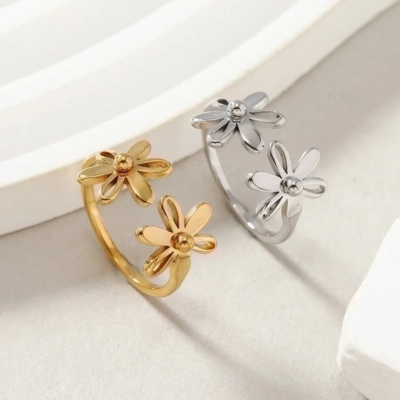 Minimalist Flower Stainless Steel Plating Open Rings