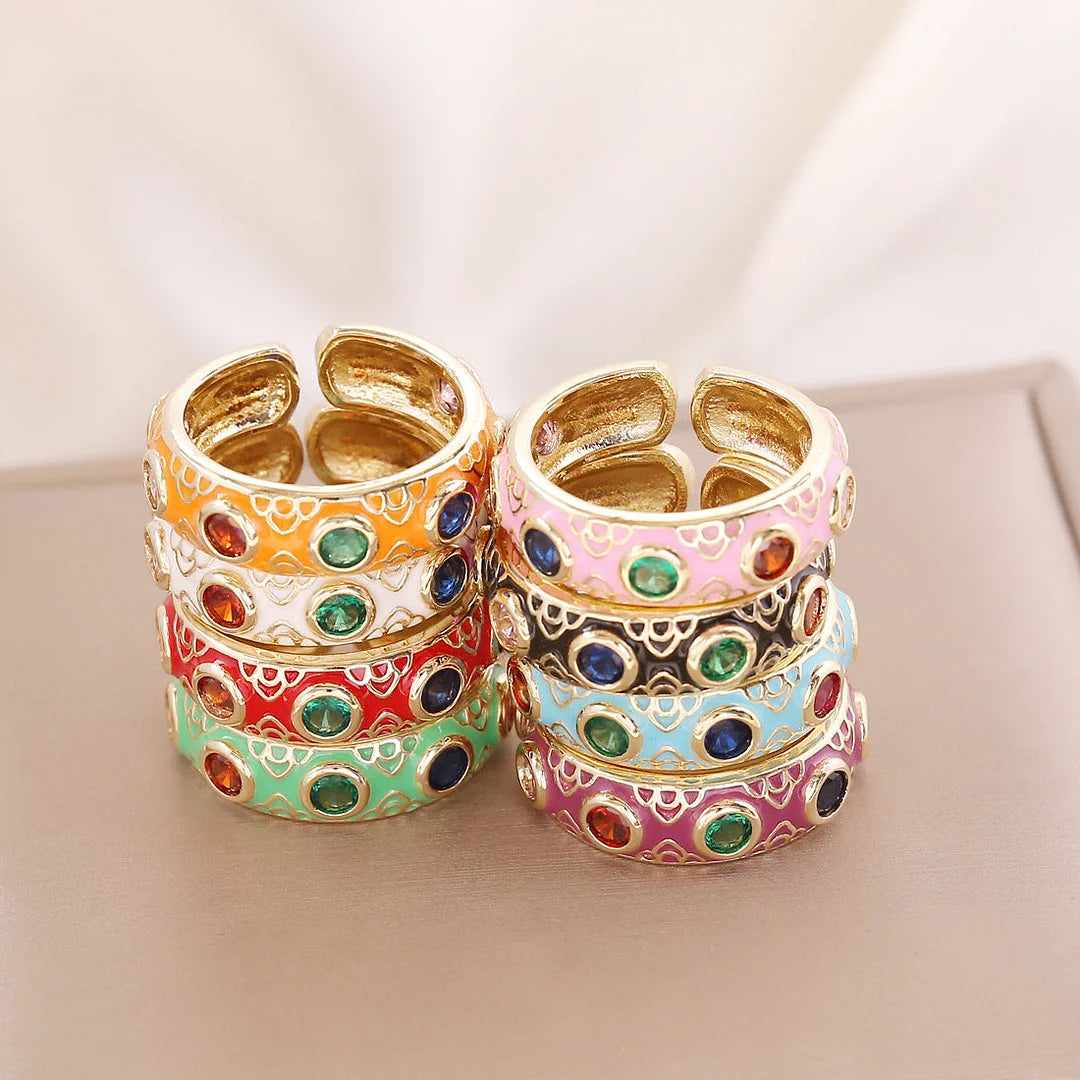 Women Retro Vintage Metal Flower Copper Oil Dripping Rings