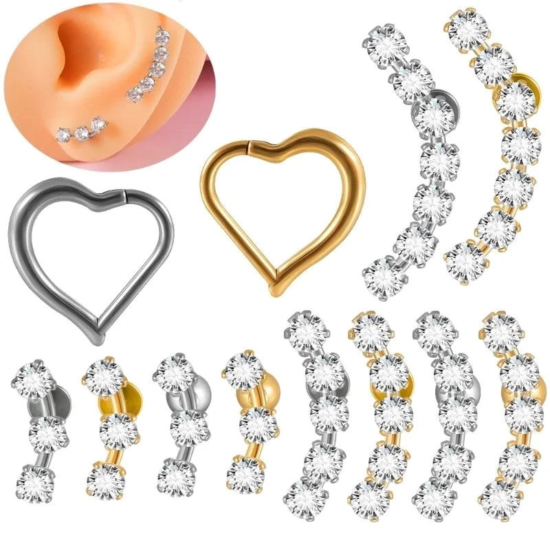 2 Pieces Ear Cartilage Rings & Studs Casual Vacation Minimalist Geometric Heart Shape 304 Stainless Steel Inlay Zircon 18K Gold Plated Lip Rings Ear Cartilage Rings & Studs