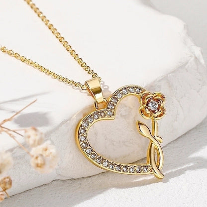 Elegant Romantic Letter Heart Shape Copper Plating Hollow Out Inlay Zircon Pendant Necklace