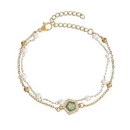 Baroque Style Minimalist Geometric Stainless Steel Artificial Pearl Handmade Inlay Zircon Bracelets