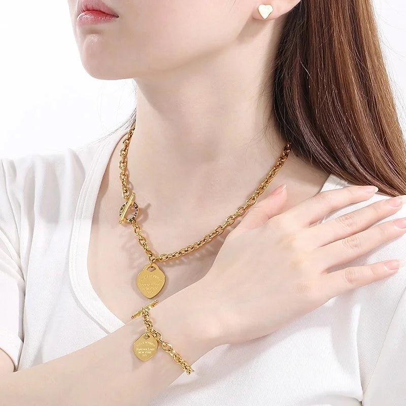 Minimalist Heart Shape 304 Stainless Steel 18K Gold Plated Jewelry Set