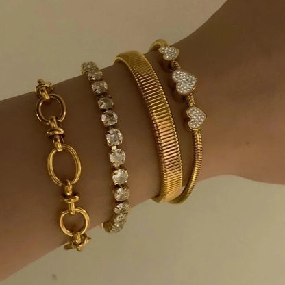 3 Pieces Casual Geometric Heart Shape 304 Stainless Steel 16K Gold Plated White Gold Plated Gold Plated Zircon Bracelets In Bulk