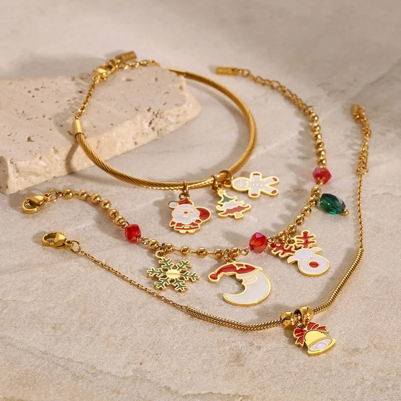 3 PCS/Package 304 Stainless Steel 18K Gold Plated Santa Claus Christmas Socks Snowman Pendant Jewelry Accessories