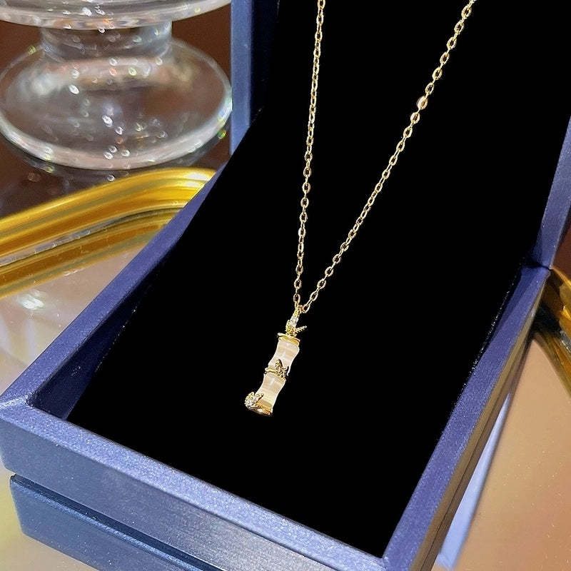 Elegant Classic Style Geometric Moon Bow Knot Titanium Steel Zircon Pendant Necklace