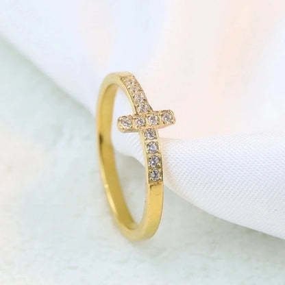 Minimalist Cross Titanium Steel Inlay Rhinestones Rings 1 Piece
