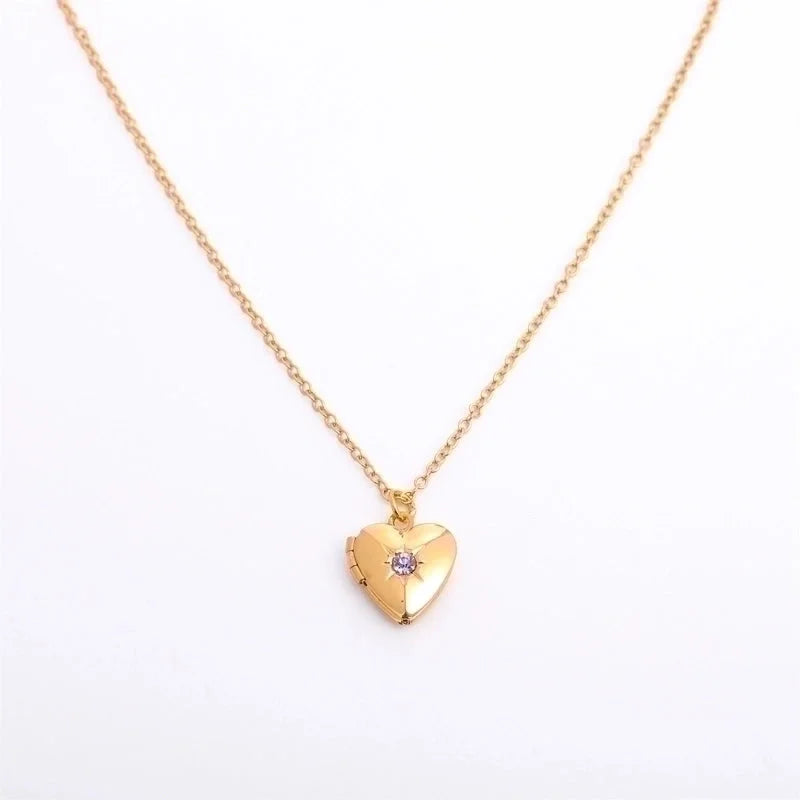 Retro Heart Shape Titanium Steel Copper 14k Gold Plated Birthstone Pendant Necklace In Bulk