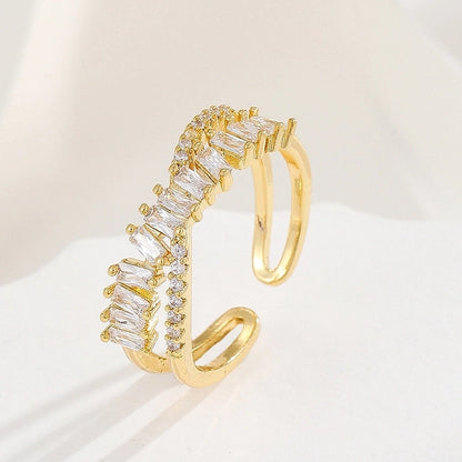 Lady Heart Shape Crown Flower Copper Zircon Inlay Open Rings