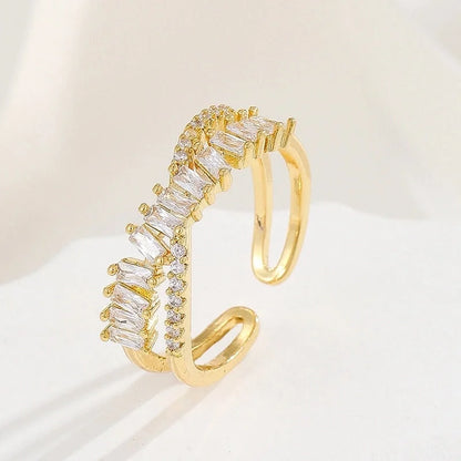 Lady Heart Shape Crown Flower Copper Zircon Inlay Open Rings