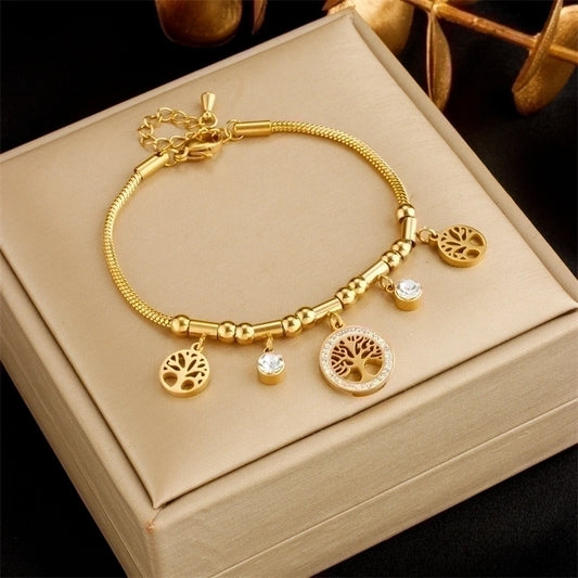 Retro Tree 304 Stainless Steel 18K Gold Plated Artificial Diamond Bracelets In Bulk