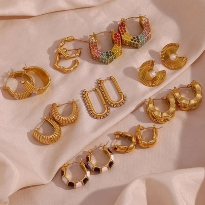 1 Pair Vintage Style Classic Style U Shape Semicircle Stripe Enamel Plating Inlay 304 Stainless Steel Rhinestones 18K Gold Plated Earrings