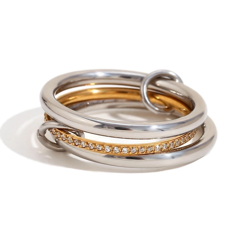 IG Style Circle 304 Stainless Steel Rhinestones 18K Gold Plated Layered Plating Inlay Rings