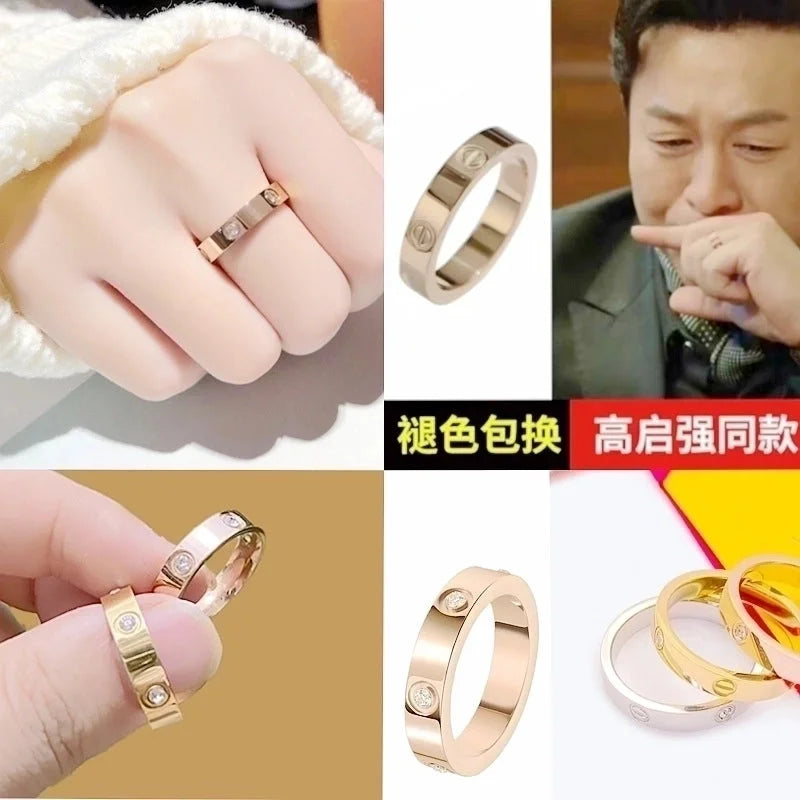 Minimalist Round Titanium Steel Inlay Zircon Rings