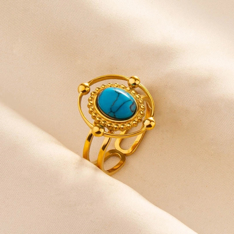 5 Pieces 304 Stainless Steel Retro Inlay Oval Artificial Gemstones Rings