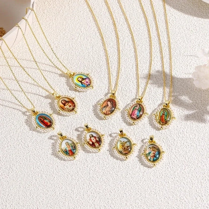 Copper 18K Gold Plated Inlay Human Virgin Mary Acrylic Imitation Pearl Pendant Necklace