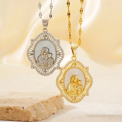 Vintage Style Religion Artistic Round Virgin Mary 304 Stainless Steel Copper Zircon K Gold Plated Inlay Pendant Necklace