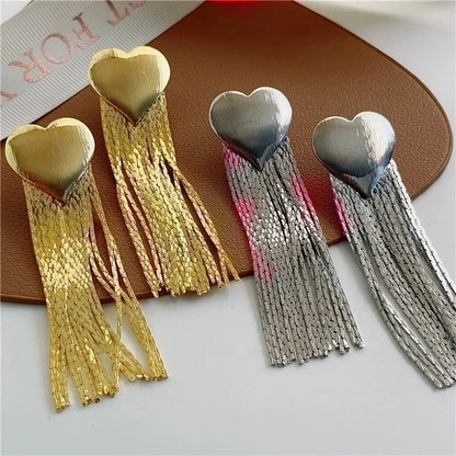1 Pair Elegant Exaggerated Tassel Heart Shape Plating Titanium Steel Drop Earrings