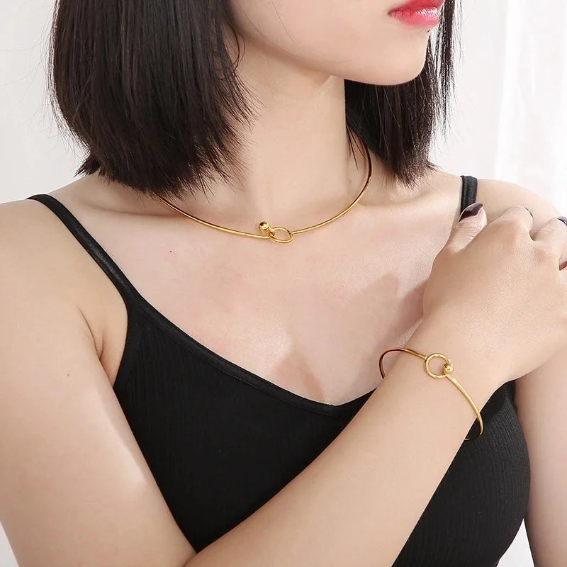 Minimalist Circle 304 Stainless Steel 18K Gold Plated Hollow Out Bracelets Necklace