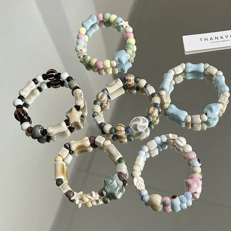 Jingdezhen Ceramic Bracelet New Color-free Women's Summer Student's Antique Beaded Bracelet Small Fresh And Popular
