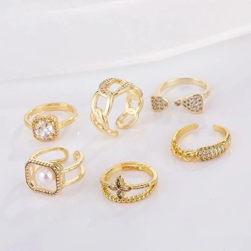 Classic Style Geometric Copper Plating Inlay Zircon 18k Gold Plated Open Ring