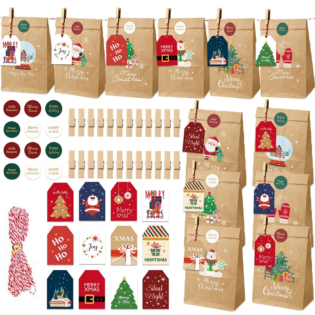 Christmas Gift Bag Christmas Advent Calendar Kraft Paper Gift Bag Christmas Packaging Bag 24 Sets