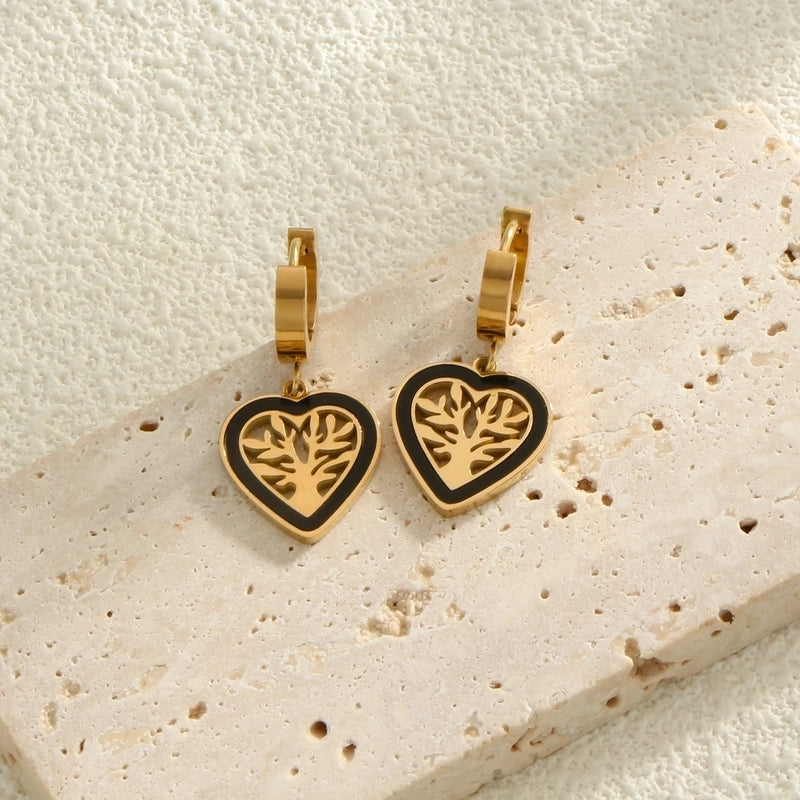 1 Pair Minimalist Heart Shape Life Tree Plating Inlay Titanium Steel Shell 18K Gold Plated Drop Earrings