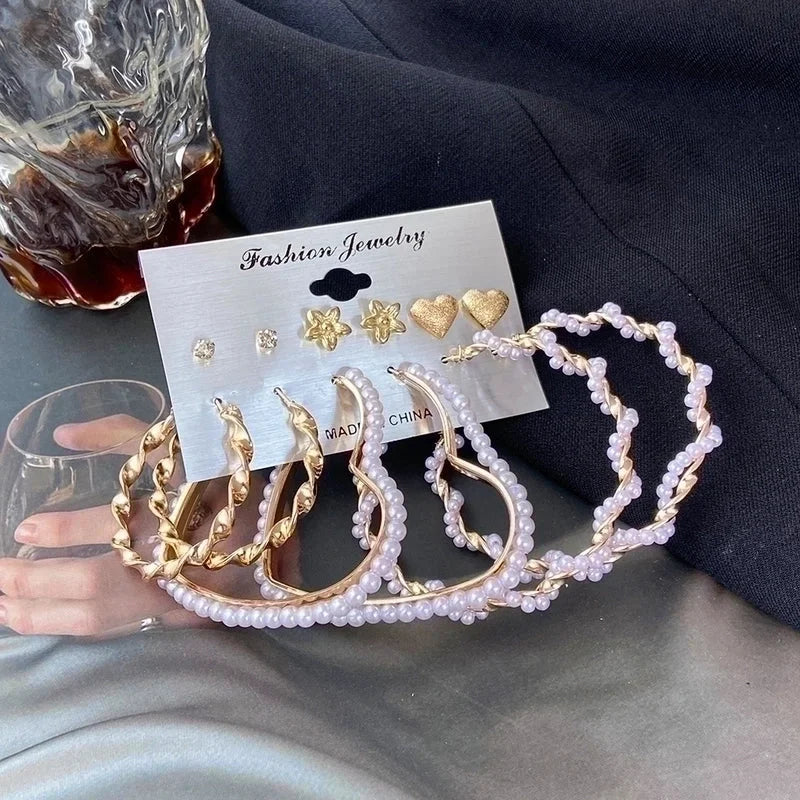 Geometric Plating Alloy Pearl Hoop Earrings