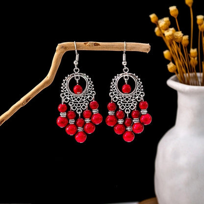 Bohemian Blue Turquoise National Style Earrings Imitation Miao Silver Metal Earrings Vintage Tassel Earrings